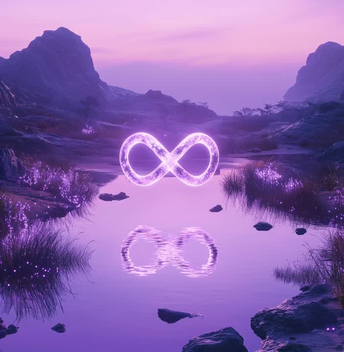 Purple 0G landscape with a glowing infinity symbol over a lake
